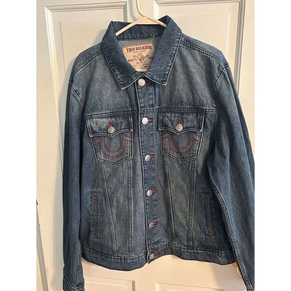 True Religion JESSE SN Patch Trucker Jacket Light Blue Denim LARGE -NWT!